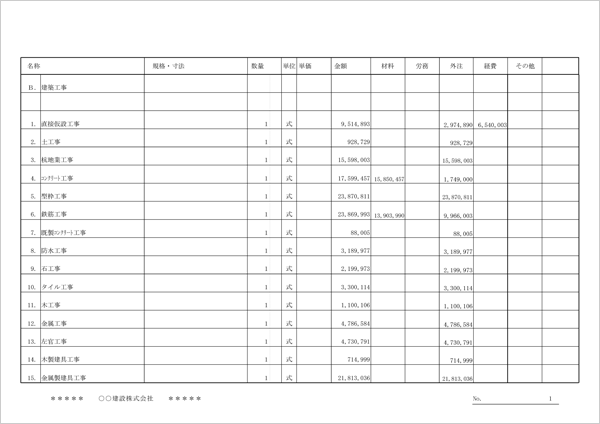 実行予算書作成システム「実行予算 Light」 実行予算書(集計)印刷帳票