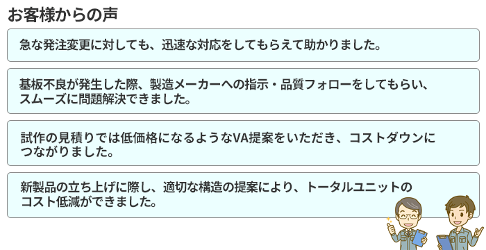 お客様からの聲「急な発注変更に対しても、迅速な対応をしてもらえて助かりました?！埂富宀涣激k生した際、製造メーカーへの指示?品質(zhì)フォローをしてもらい、スムーズに問題解決できました?！埂冈囎鳏我姺eもりでは低価格になるようなVA提案をいただき、コストダウンにつながりました?！埂感卵u品の立ち上げに際し、適切な構(gòu)造の提案により、トータルユニットのコスト低減ができました?！? title=